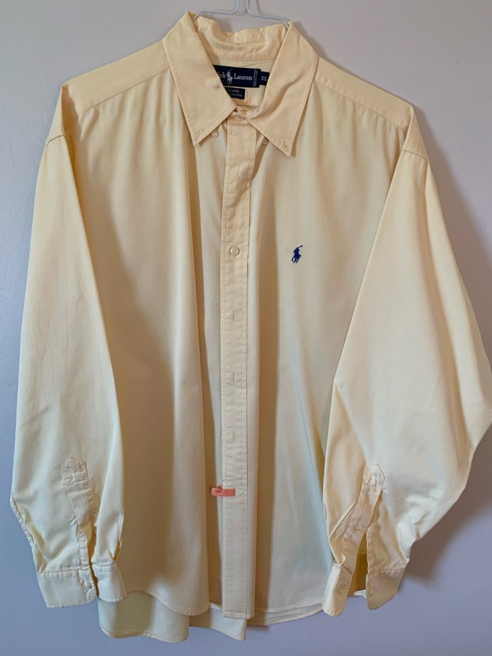 Ralph Lauren Men's Pale Yellow Button-Down Shirt with Navy Pony